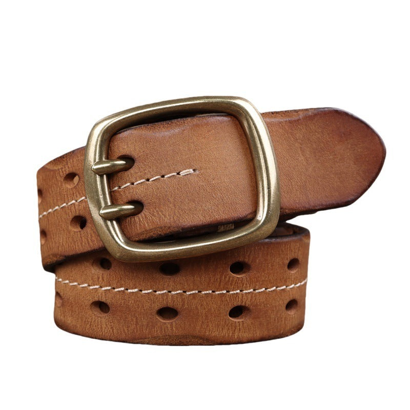 Retro Double Needle Brass Buckle Cowhide Men’s Belt