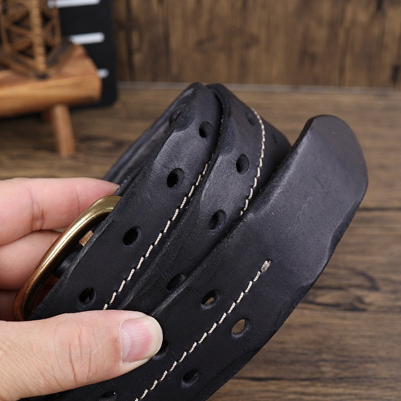 Retro Double Needle Brass Buckle Cowhide Men’s Belt