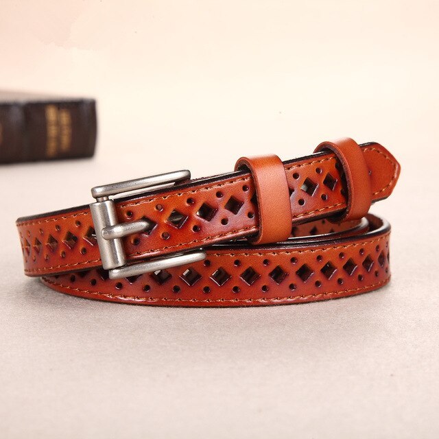 Premium Cowhide Leather Casual Belt for Women with Sleek Metal Buckle – Slim 1.3cm Width, Adjustable Fit, and Classic Color Options for Everyday Style
