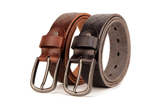 Casual Denim Cowhide Leather Belt - Retro Embossed Style