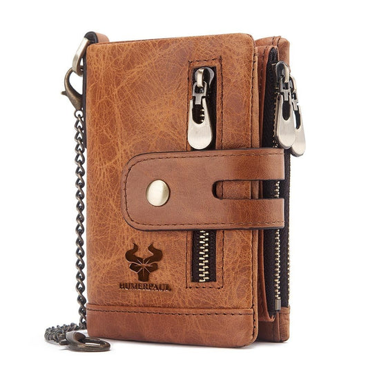 Men’s Bifold Genuine Leather Wallet with Double Zipper, RFID Blocking, Card Holder & Coin Pocket