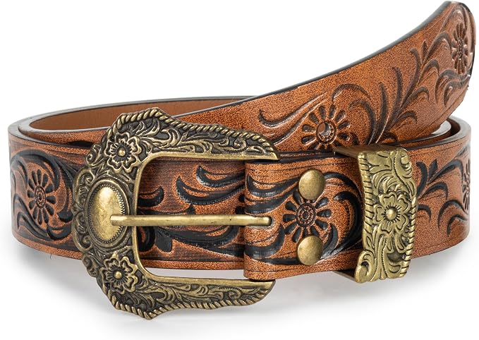 Unisex Western Belt – Golden Floral Buckle