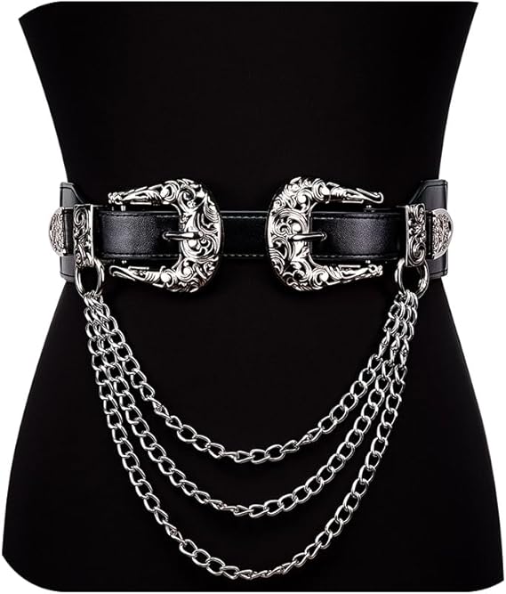 Women's Vintage Chain Leather Belt – Double Buckle