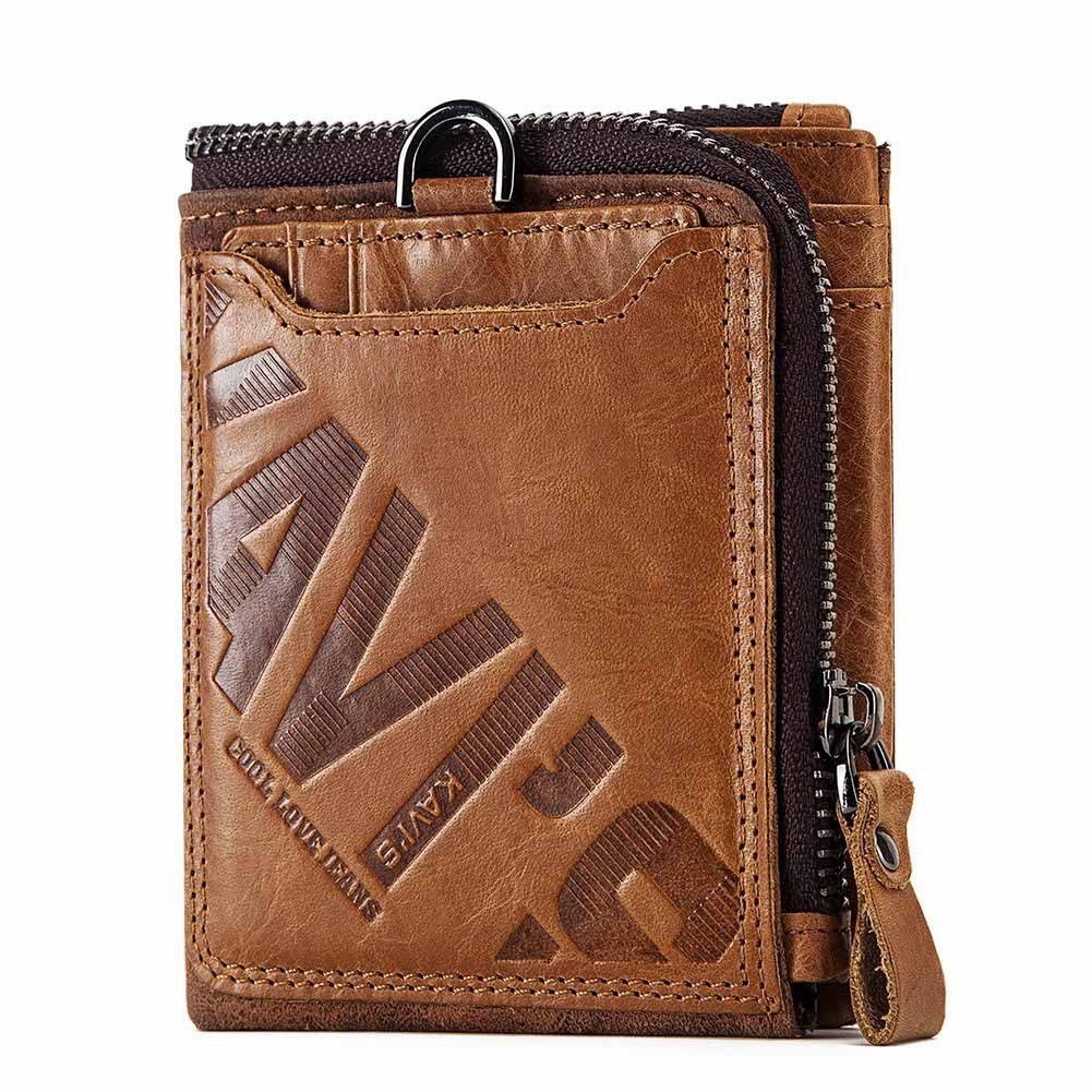 Men’s Crazy Cow Leather Retro Wallet – Zipper Closure, Multi-Compartment Vertical Design