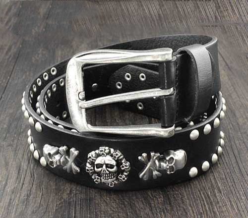 Men's Skull Cowhide Biker Belt - Rivet Street Grip