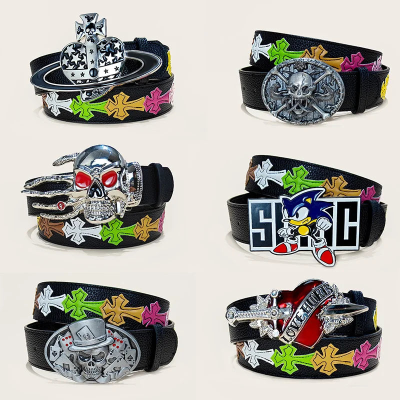 Unisex Colorful Lychee Pattern PU Leather Belt – Gothic, Western & Punk Jeans Style