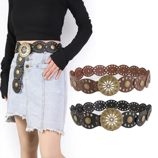 Retro Western PU Leather Wide Belt for Women - Bold Cowgirl Statement Buckle