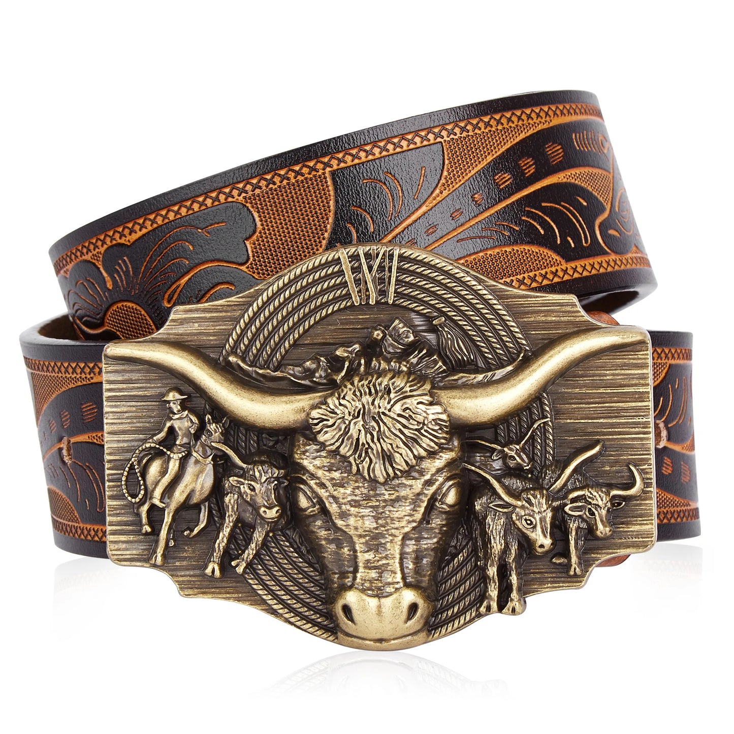 Bison Denim Men's Western Genuine Leather Belt – Longhorn Bull Buckle