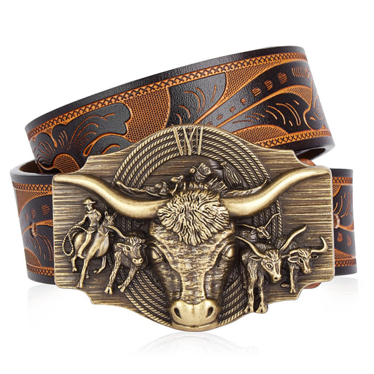 Western Men's Cowhide Leather Belt - Longhorn Buckle Statement
