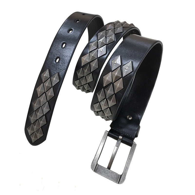 Unisex Rivet Leather Belt with Alloy Square Buckle