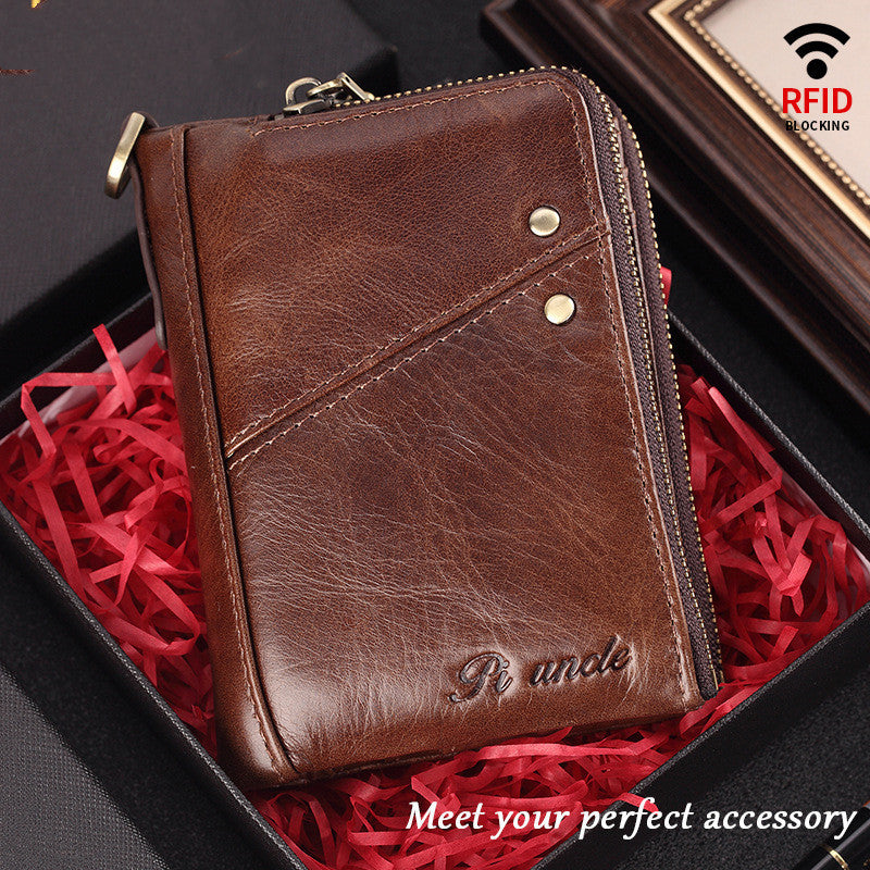 Men’s Genuine Leather Zipper Bifold Wallet – 12 Card Slots & Cash Pocket