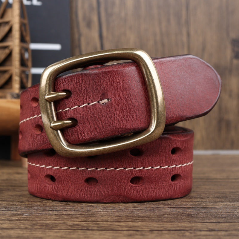 Retro Double Needle Brass Buckle Cowhide Men’s Belt