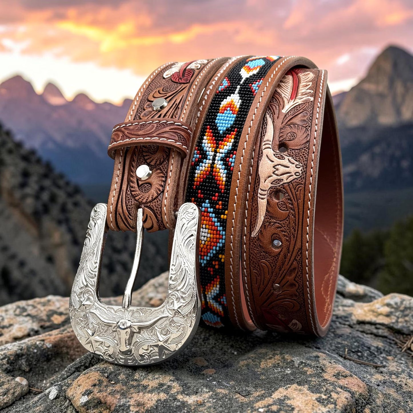 Southwestern Beaded Leather Belt – Longhorn & Feather Design