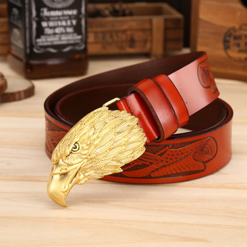Western Men’s Leather Belt with Eagle Head Buckle
