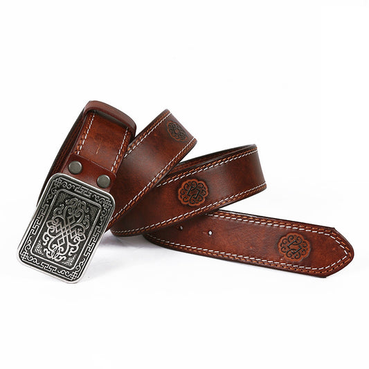 Auspicious Pattern Embossed Western Leather Belt – Unisex