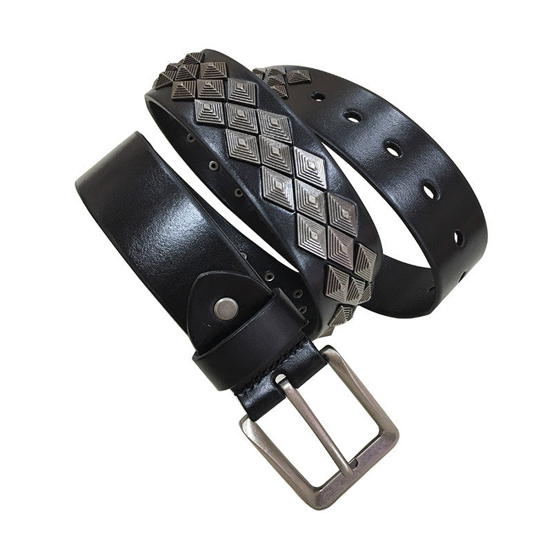 Unisex Rivet Leather Belt with Alloy Square Buckle