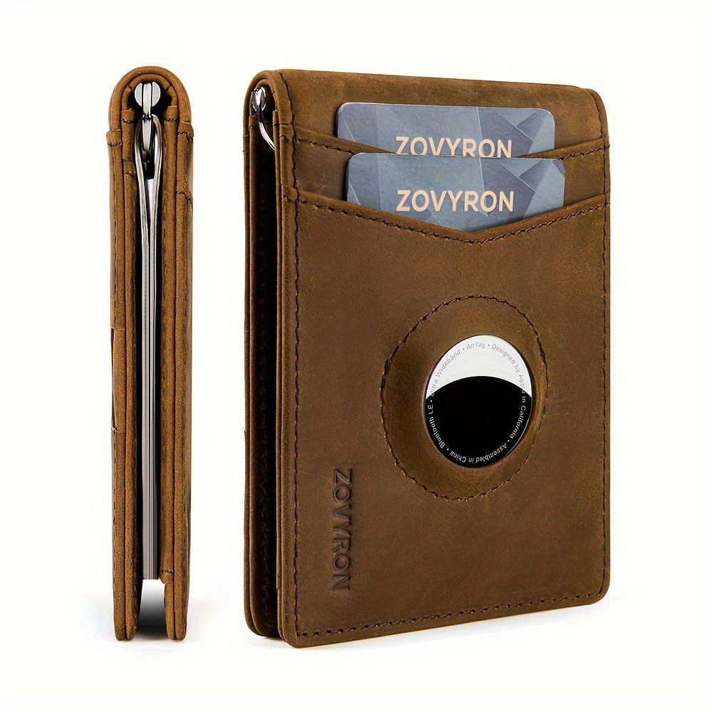 Men’s Genuine Leather Slim Bifold Wallet with Airtag Holder, RFID Blocking, Front Pocket Wallet