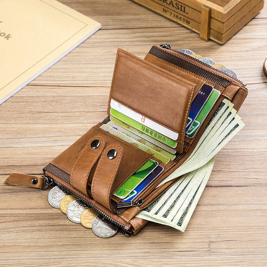 Men’s Genuine Leather Retro Zipper Tri-fold Wallet – First Layer Cowhide, Multiple Compartments