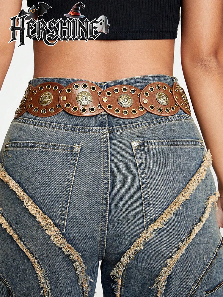 Women's Western Boho Wide Disc Belt - PU Leather Concho Cowgirl Waist Belt