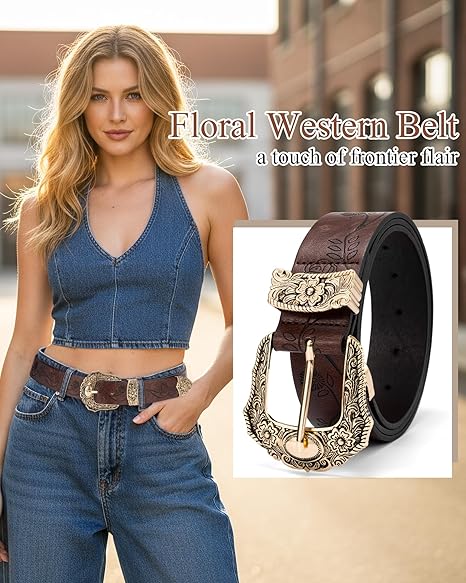 Women's Vintage Western Belt – Gold Floral Buckle