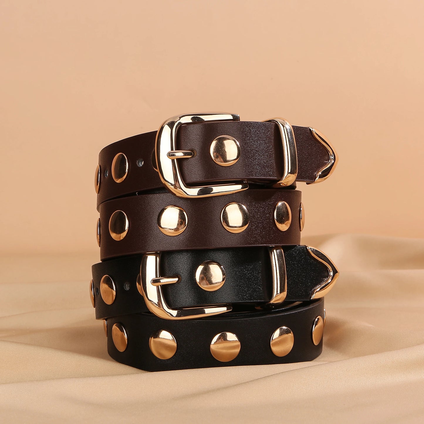 Women's Studded Punk Western Leather Belt – Adjustable Waist for Jeans & Dresses