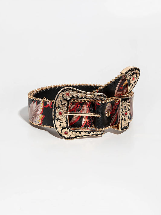 Western Floral PU Leather Belt - Embroidered Statement Fit