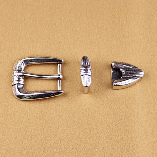 DIY Western Antique Silver Belt Buckle Set - 25mm Engraved