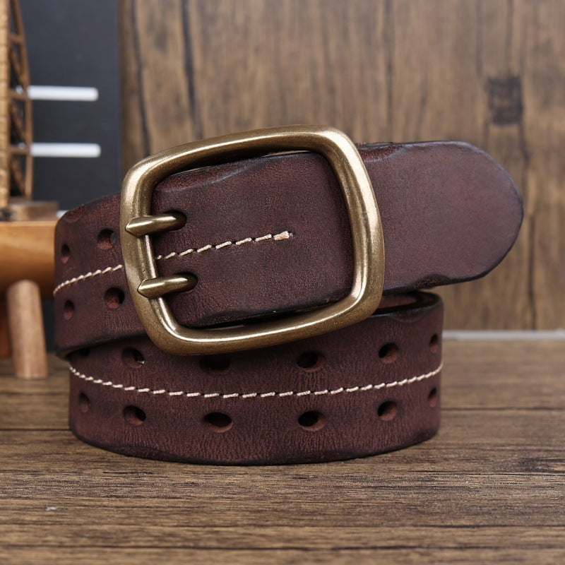 Retro Double Needle Brass Buckle Cowhide Men’s Belt