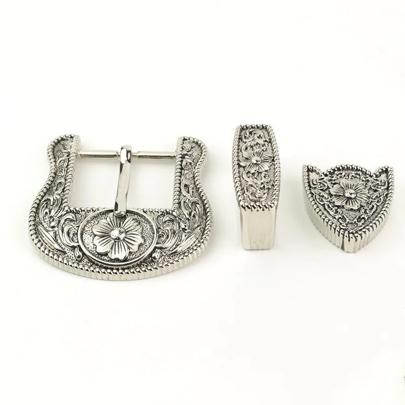30mm Vintage Carved Leather Craft Belt Buckle Set - Antique Silver (3-Pcs)