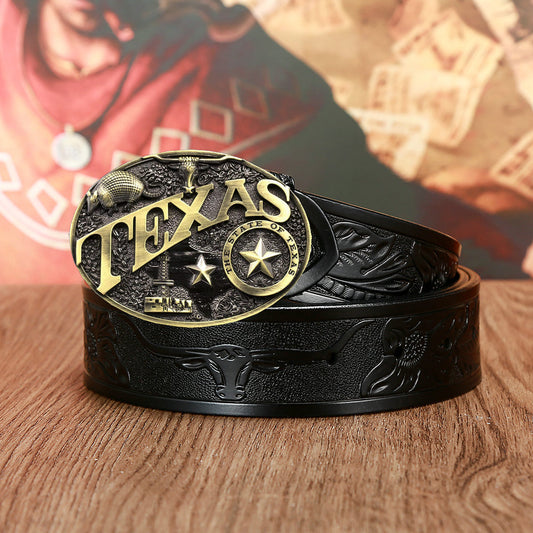 Western Leather Belt - Texas Cow Head Statement Style