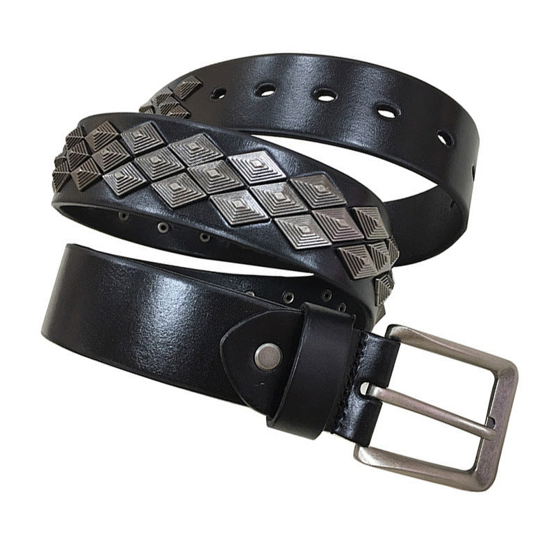 Unisex Rivet Leather Belt with Alloy Square Buckle