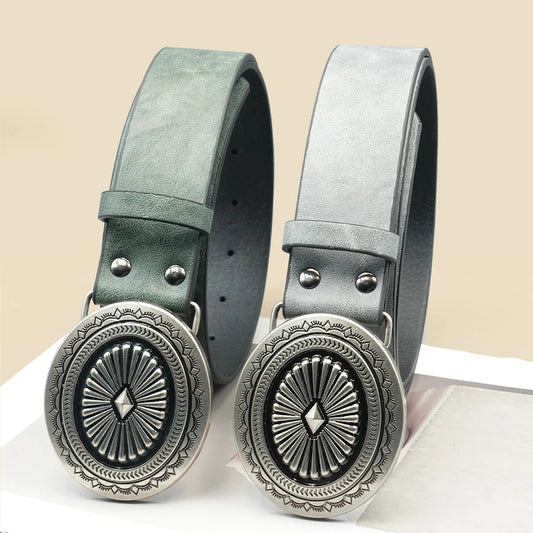 Vintage Western PU Leather Belt for Jeans - Carved Design