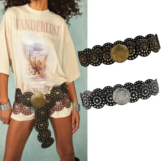 Women's Vintage Western Wide PU Leather Belt - Statement Buckle