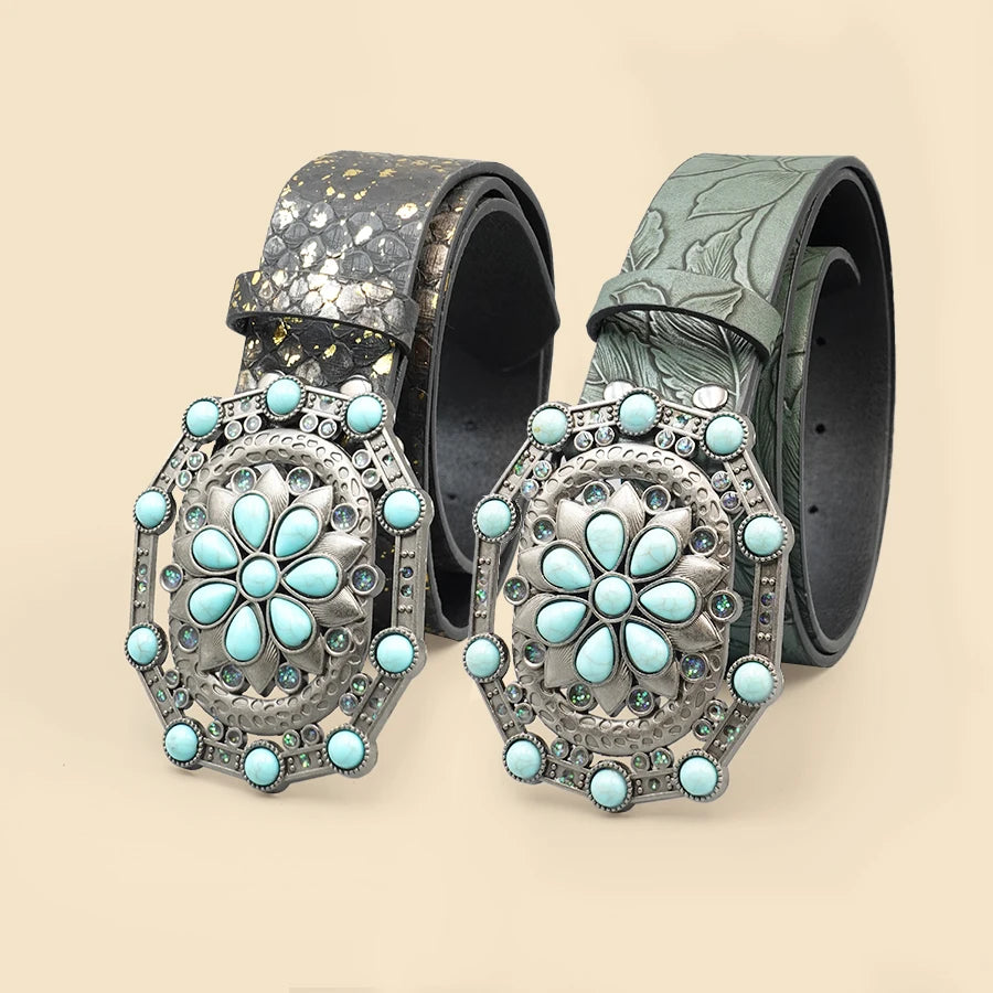 Western Cowgirl Engraved Leather Belt for Women Men – Gemstone Inlaid