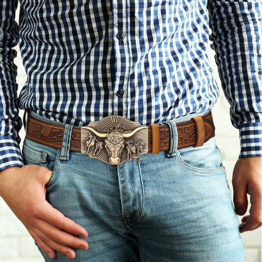 Western Men's Cowhide Leather Belt - Longhorn Buckle Statement