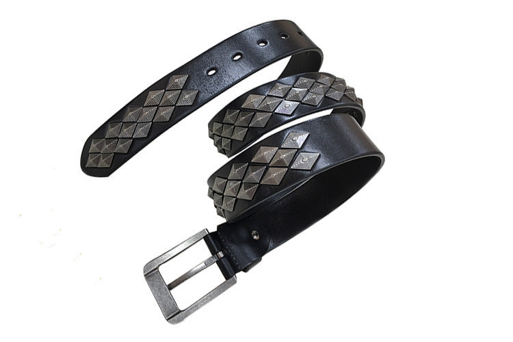 Unisex Rivet Leather Belt with Alloy Square Buckle