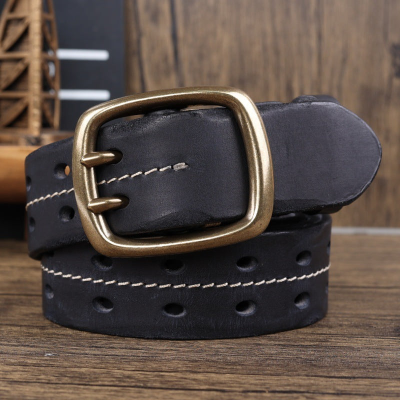 Retro Double Needle Brass Buckle Cowhide Men’s Belt