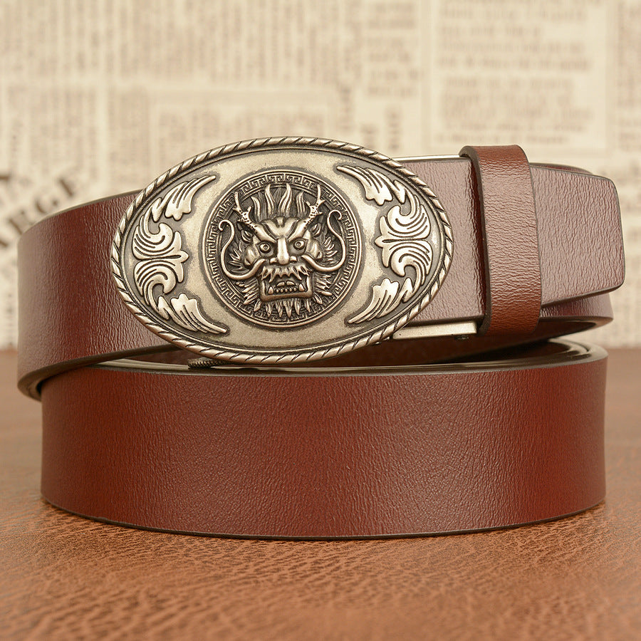 Western Men’s Ethnic Style Cowhide Belt with Faucet Buckle