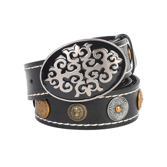 Western Cowhide Leather Belt - Bold Oval Buckle Style