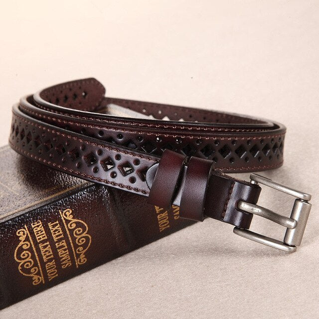Premium Cowhide Leather Casual Belt for Women with Sleek Metal Buckle – Slim 1.3cm Width, Adjustable Fit, and Classic Color Options for Everyday Style