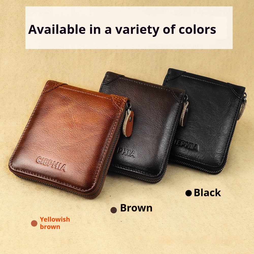 Men’s Short Leather Wallet – Anti-theft RFID Zipper Multifunctional