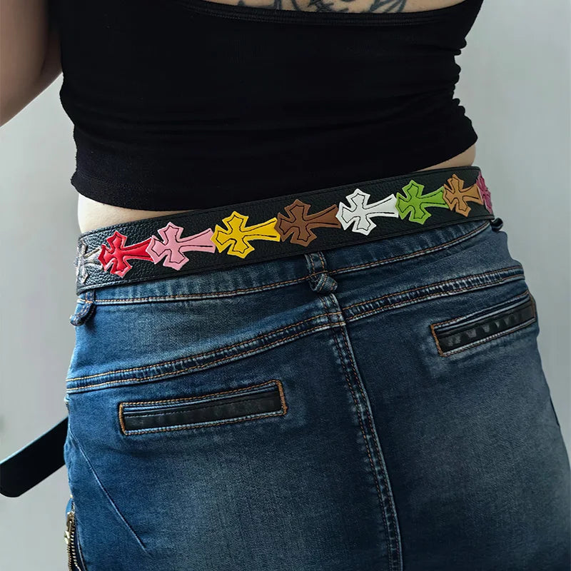 Unisex Colorful Lychee Pattern PU Leather Belt – Gothic, Western & Punk Jeans Style