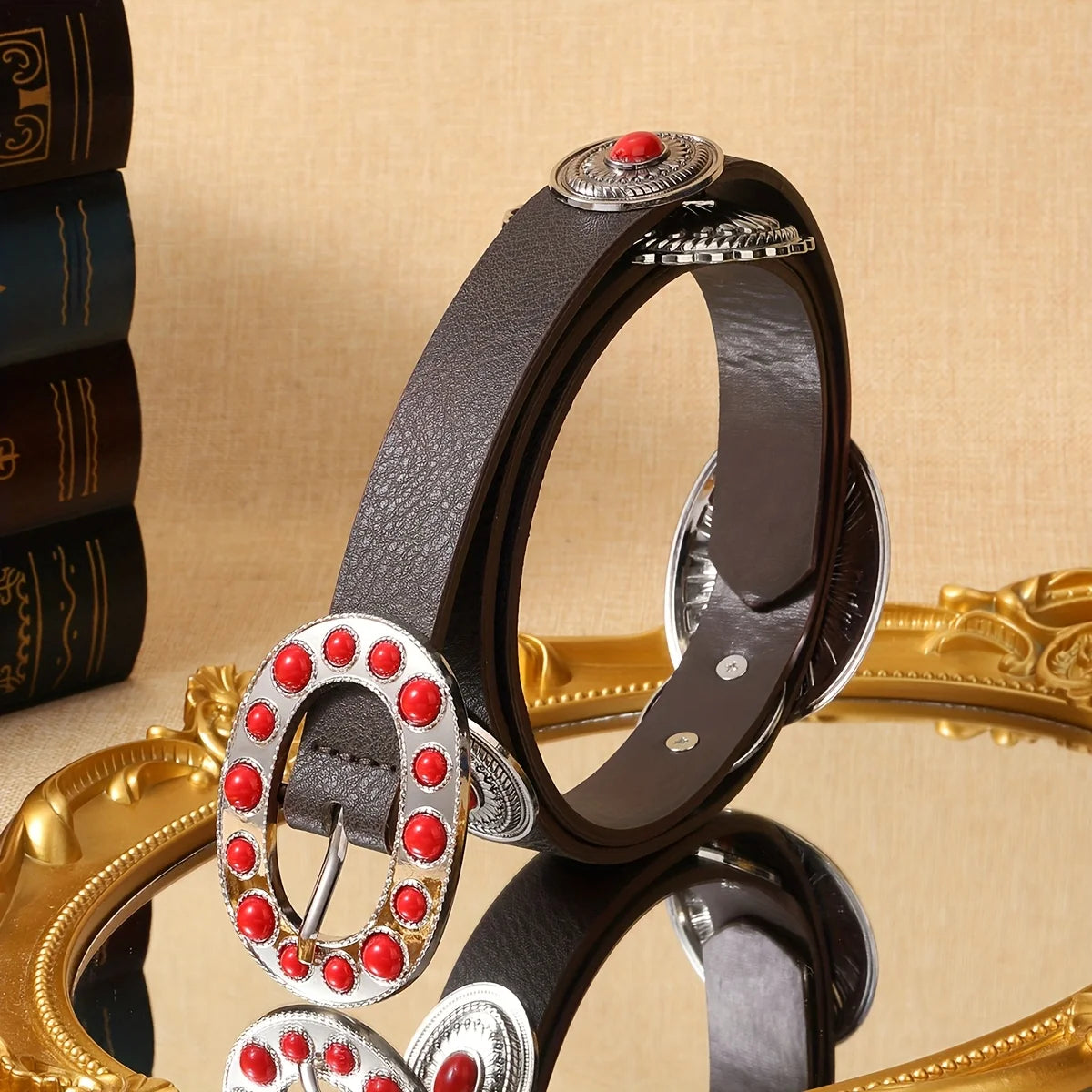 Women's Retro PU Leather Belt - Casual Western Style, Red/Black
