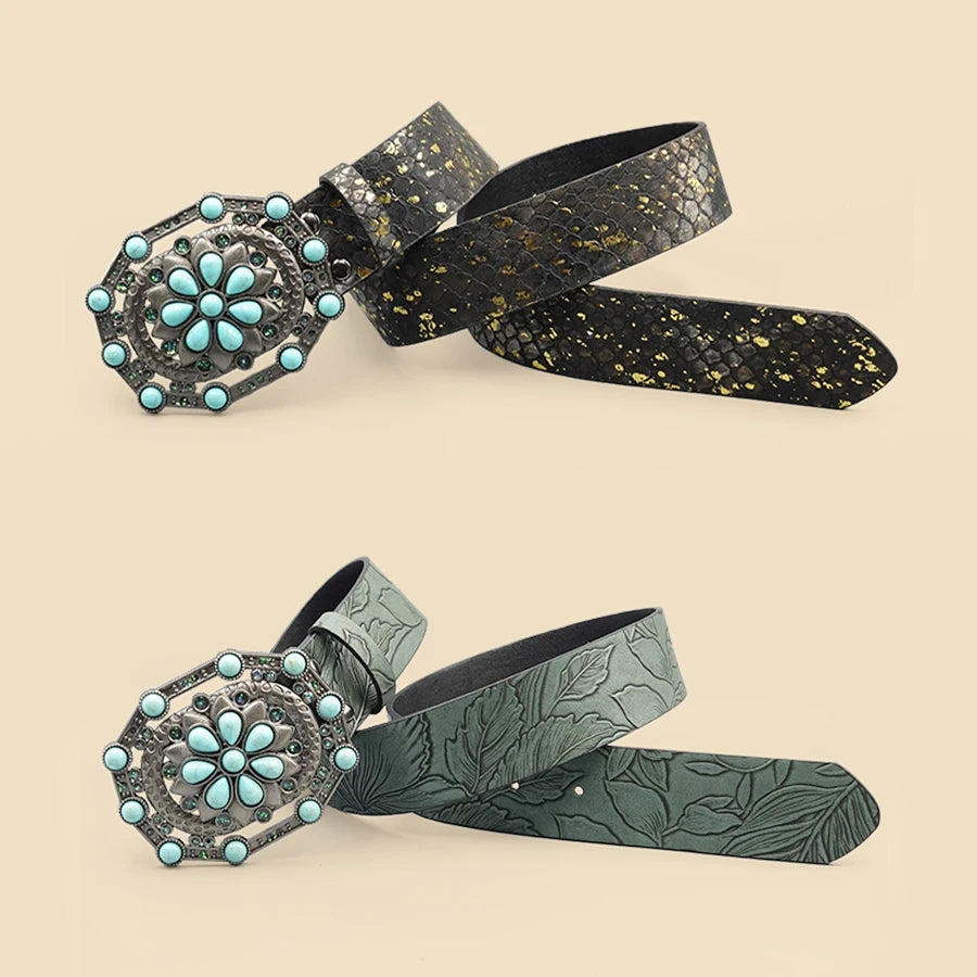 Western Cowgirl Engraved Leather Belt for Women Men – Gemstone Inlaid