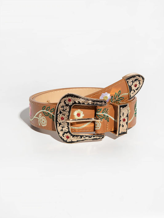 Western Floral PU Leather Belt - Embroidered Statement Fit
