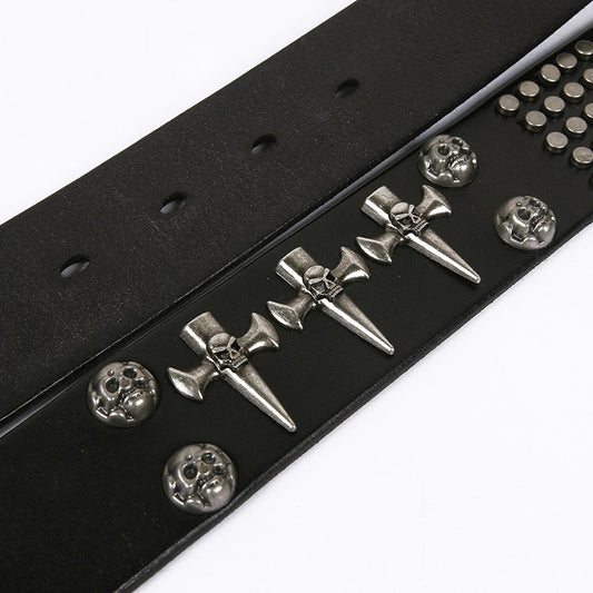 Punk Cowhide Leather Belt - Skull D-Ring Statement Style for Men