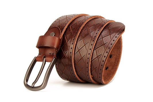 Casual Denim Cowhide Leather Belt - Retro Embossed Style