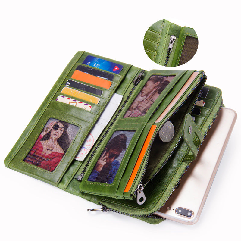 Elegant Leather Long Wallet for Ladies – Dual Zipper Coin Purse Clutch with Genuine Leather Lining