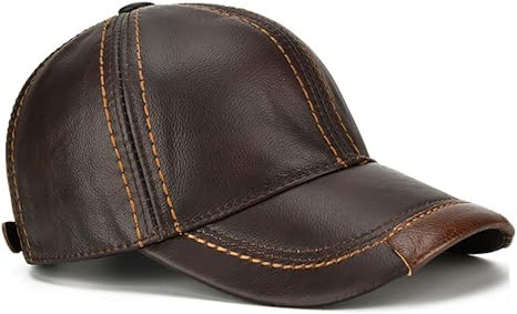 Brown Genuine Cowhide Leather Baseball Cap with Adjustable Metal Buckle, Unisex