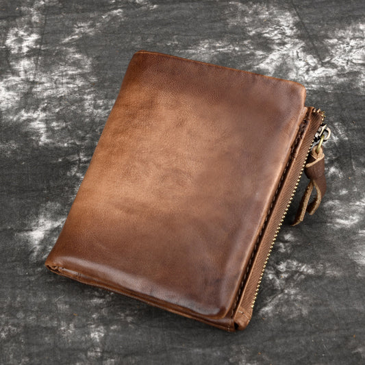 Cowhide Retro Double Zipper Men’s Wallet with Bill, Card, and Coin Compartments